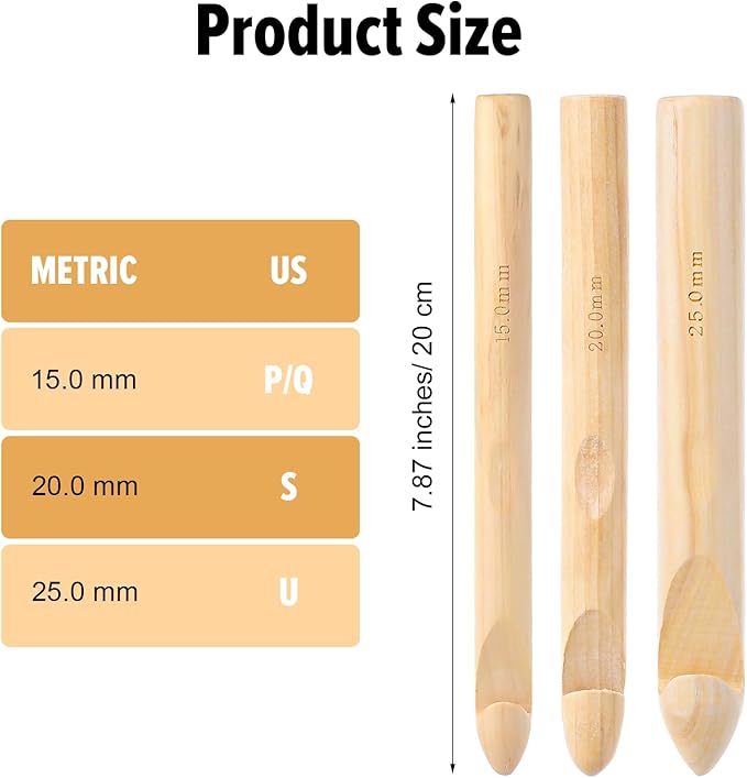 3 PCS Large Wooden Crochet Hooks for Chunky Yarn, Giant Bamboo Jumbo Ergonomic Crochet Hook Set, Inline Crochets Needles Kit for Crochets Thick Blankets Carpeting Sweater Hat (15mm 20mm 25mm)