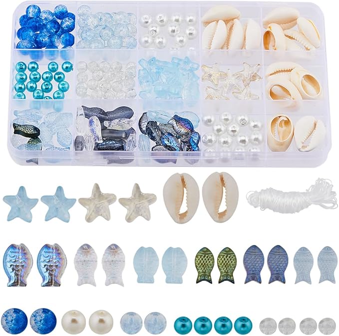 SUNNYCLUE 1 Box 251Pcs Fish Glass Beads Starfish Beads Bulk Natural Seashell Beads Summer Ocean Sea Animal Beading Double Sided Small Fish Starfish Beaded 8mm Round Beads for Jewelry Making Kits