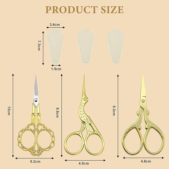 3 PCS Small Sharp Embroidery Scissors, Gold Stork Needlepoint Thread Snips with Cover, Yarn Scissors for Crocheting & Sewing