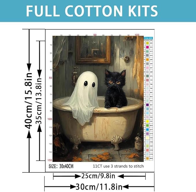 Horror Ghost Stamped Cross Stitch Kits for Adults -Halloween Embroidery Kits for Beginners Adults,11 CT Patterns Dimensions Counted Cross Stitch Kits for Adults Arts Craft 12x16 inch