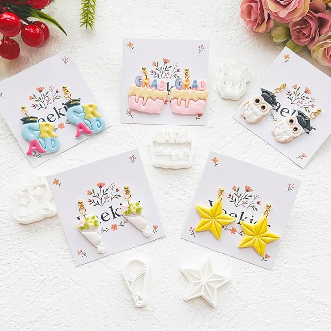Graduation Polymer Clay Cutters Set - 9pcs Sharp & Durable Class of 2026, Grad, Owl, Cap, Gown, Cake & Star Shapes for DIY Earring Jewelry Making, Soft Clay Crafts & Class Party Supplies