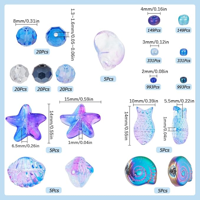 SUNNYCLUE 1 Box 3100+Pcs Ocean Beads Kit Glass Sea Beads Starfish Seashell Fish Bead Summer Hawaii Ocean Animal Bead Purple Glass Beads Spacer Beads for Jewelry Making DIY Bracelet Earrings Necklace