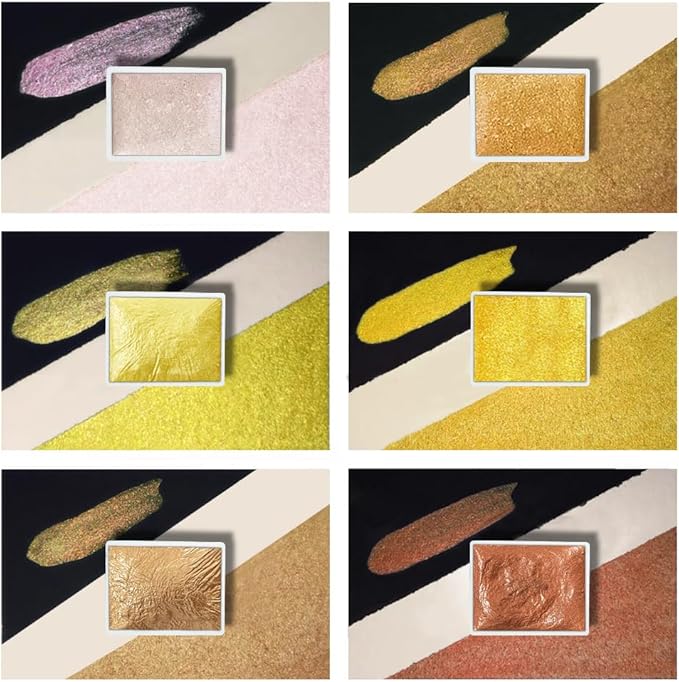Art Supplies Handmade Watercolor Paint Set - 6 Metallic Gold Colors Half Pans Glitter Solid Water Color- Metal Case Sparkle Pearlescent Watercolour for Artists. White Gold