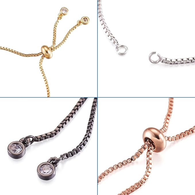 FASHEWELRY 10 Strands Adjustable Brass Bracelet Slider Extender Chains with Cubic Zirconia Ends 4-3/8" to 4-3/4"(110~120mm) Metal Plated for DIY Jewelry Making (Random Mixed Colors)