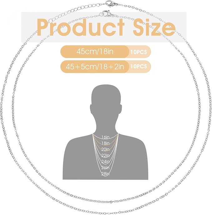 20 Pack Bulk Stainless Steel Chain, Necklace Chains for Jewelry Making, Silver Thin Chain (18 Inches + 20 Inches)