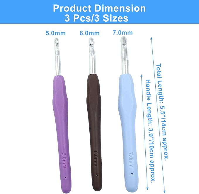 suiwotin 3pcs/Set 5mm/6mm/7mm Crochet Hook, Aluminum Crochet Hook Set, Rubber Handle Ergonomic Knitting Needles for Yarn DIY Crafts Projects