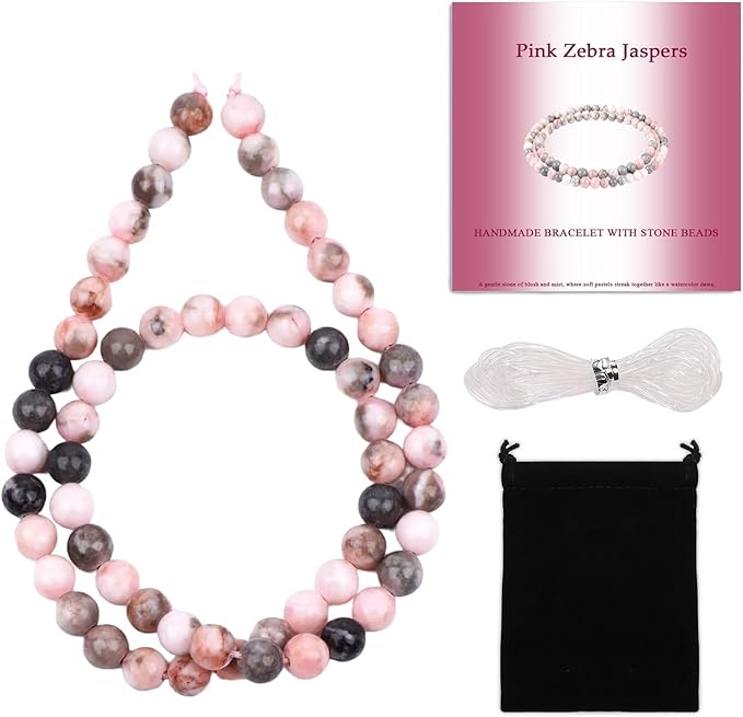 Stone Beads, 60pcs Pink Zebra Jaspers, 6mm Round Loose Beads for Jewelry Making, Bracelets, with Bag, String & Card