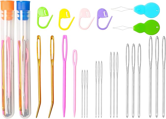 Hekisn 45Pcs Large Eye Blunt Yarn Needles kit, Assorted Sizes Bent Tapestry Darning Needle, Sewing Needles with Needle Threaders & Stitch Markers for Knitting Crochet (Orange&Blue)