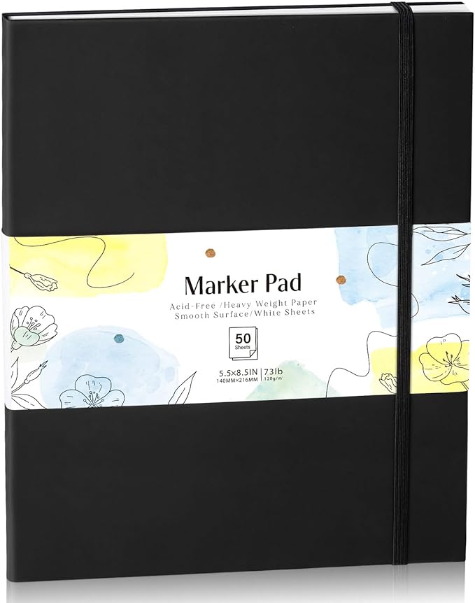 50 Sheets Hardcover Marker Paper Pad, 5.5x8.5in Alcohol Marker Paper Sketch Pad, 73lb/120gsm Heavyweight Spiral Sketch Book, Painting Coloring Drawing Book for Beginners Artists Ideal Gift