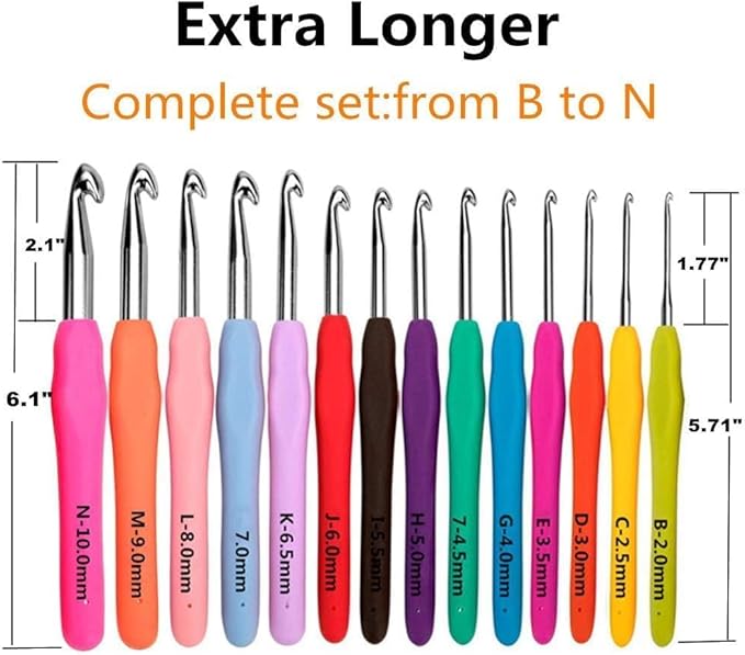 yarniss crochet hooks,14 size crochet set 2mm(b)-10mm(n), ergonomic crochet hooks set with case for beginner,long crochet needles