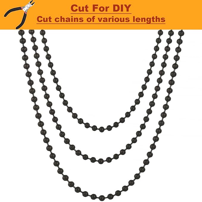jishi steel ball chain bead dog tag chain beaded necklace chains for jewelry making bracelet military crafts, silver metal pull chain small ball bead chain roll w/20 connectors (black, 33ft 2.4mm)