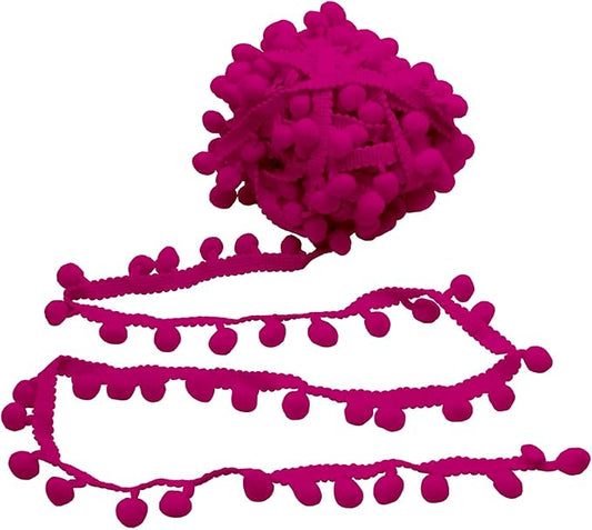Homiest 10 Yards Pom Pom Trim for Sewing, 1 Inch Wide Fuschia Ribbon Bundles Textured Fabric Fringe Ribbon, 13mm Ball Pompom Trim for DIY Crafts Curtain Clothes Pillow Home Decoration