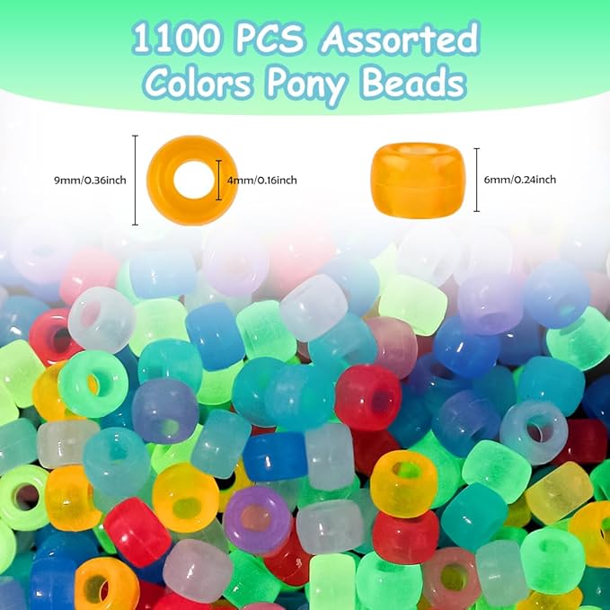 anpiwshjo pony beads 1100 pcs, glow in the dark plastic beads for crafts, hair braids and bracelets making, small