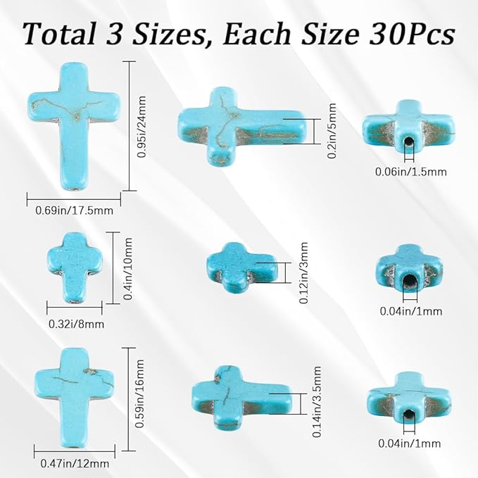 SUNNYCLUE 90Pcs 3 Sizes Mini Blue Turquoise Cross Beads 10/16/25mm for Jewelry Making Supplies