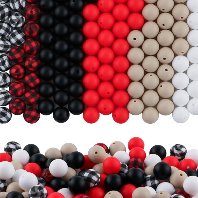 150Pcs Mixed Color 15mm Silicone Beads for Keychain Making, White Black Grid Print Silicone Beads for Pens and Bracelet Jewelry Making