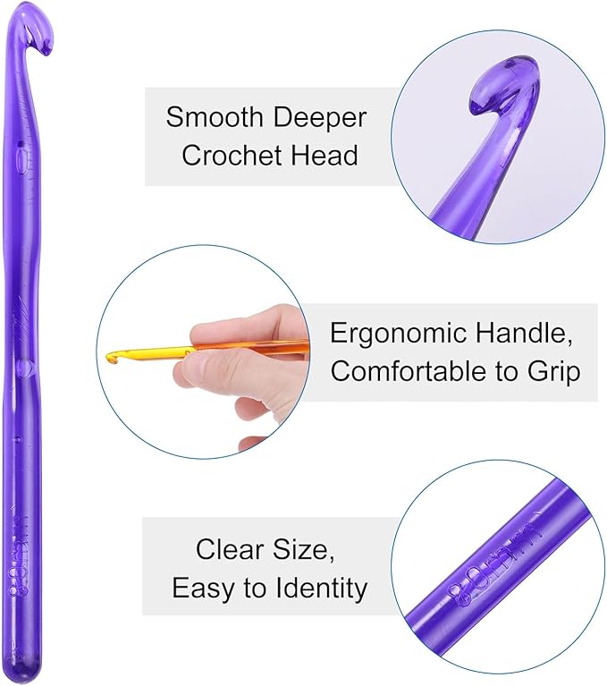 uxcell Crochet Hooks 8mm Ergonomic Knitting Needle Plastic Colorful Transparent Crochet Hooks for DIY Crocheting Yarn Blanket Carpet Weaving, Purple