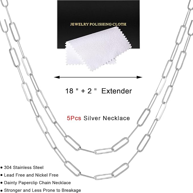 5 Pcs Paperclip Chain Necklace for Women 18 Inch Stainless Steel Silver Charm Necklace Chains Adjustable Link Chains with Lobster Clasps Polishing Cloth for DIY Women Jewelry Making Gifts Supplies