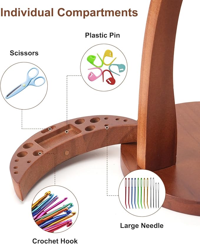 eZAKKA Crochet Yarn Holder for Crocheting, Upgraded Magnetic Wooden Yarn Stand with Organizer Base, Portable Crochet Yarn Holder Spinner for Knitting Accessories Crochet Tools, Crochet Gift for Women