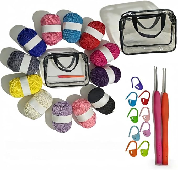 24-Piece Crochet Starter kit – Includes 12-Color Yarn Bundle, 2 Crochet Hooks, 9 Stitch Markers, and a Storage Bag; Complete Knitting Set Suitable for DIY Crafts and Scarf Making