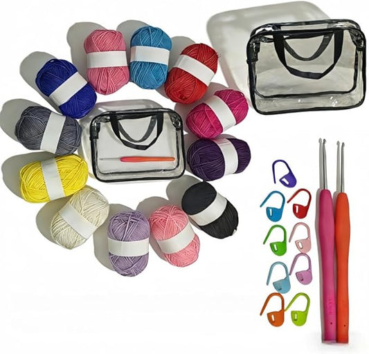 24-Piece Crochet Starter kit – Includes 12-Color Yarn Bundle, 2 Crochet Hooks, 9 Stitch Markers, and a Storage Bag; Complete Knitting Set Suitable for DIY Crafts and Scarf Making