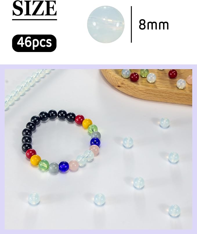 8mm Glass Beads 46PCS Glass Beads for Jewelry Making Charm Round Loose Bead for Bracelet Making Kit (White Agent Glass)