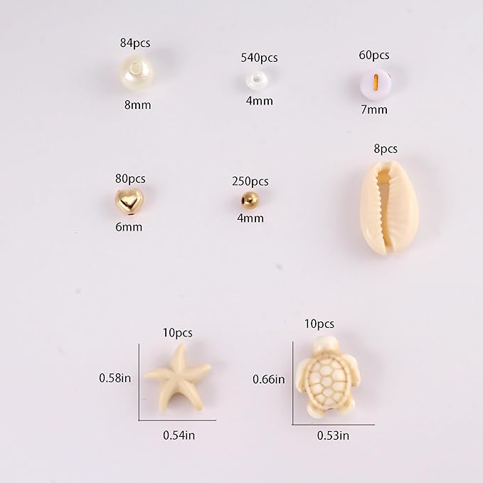 Assorted Beads for Jewelry Making DIY Crafts Bracelet Making Kit with Natural Shells, White Color Turquoise Turtles Starfish Beads for Summer Beach Bracelet Necklace for Women(1000pcs 8 Styles)