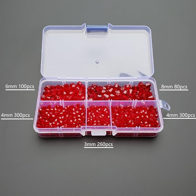 Red Bicone Glass Beads for Jewelry Making, Faceted Crytal Spacer Beads for Bracelet Necklace Earring (3mm 4mm 6mm 8mm Mixed Sizes, 1040pcs)