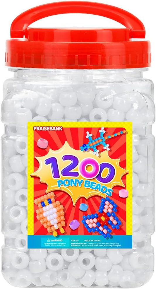 praisebank pony beads, 1200pcs 6x9mm, wholesale beads, bracelets jewelry making, arts & crafts(white)