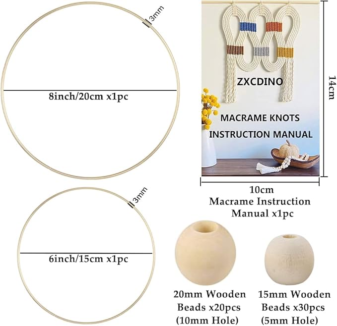 zxcdino 119pcs macrame kits for starter 3mm x 109yards natural cotton macrame cord with 100pcs wooden beads,10pcs wooden rings,wooden sticks,metal rings,s hooks macrame supplies for plant hangers