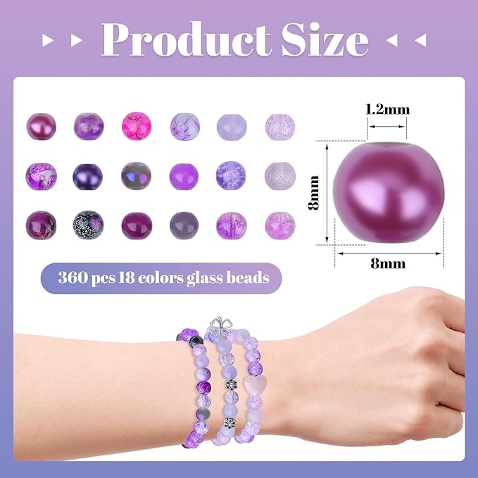 DUQGUHO 8mm Purple Beads for Jewelry Making Purple Glass Beads for Bracelets Crystal Glass Round Bead Bracelet Friendship Bead Kit 360PCS