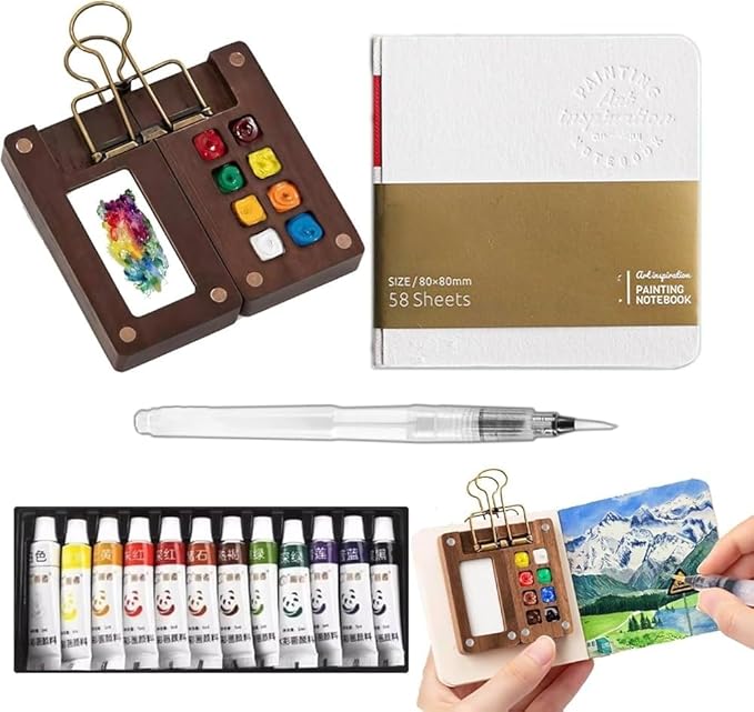 Mini Travel Watercolor Set Pocket Artist Watercolor Travel Set Grid Palette Box Sketch Book Brush Pens With Binder Clips For Painters Artists Students