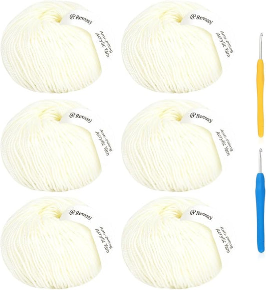Acrylic Yarn for Crocheting Size 3, Reessy 786 Yards Soft DK Weight Yarn (CYC #3), No-Splitting and 2pcs Crochet Hooks for Beginners, Solid 6 Skeins for Small Crochet or Knitting Projects（White）
