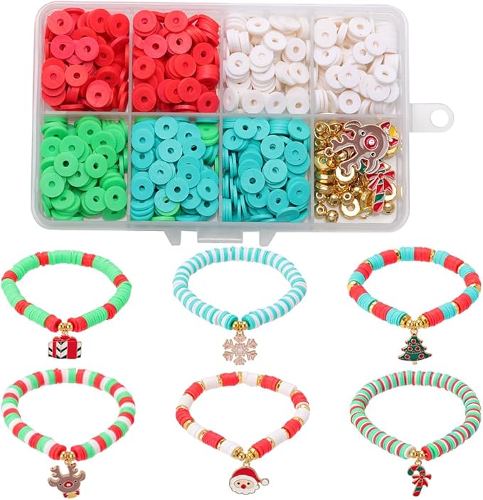 SUNNYCLUE 1 Box 861Pcs Christmas Beads for Jewelry Making, Red Green Beads for Bracelets Making Kit, Christmas Clay Charms Necklace Jewelry Adults Gifts Adults Party Favor