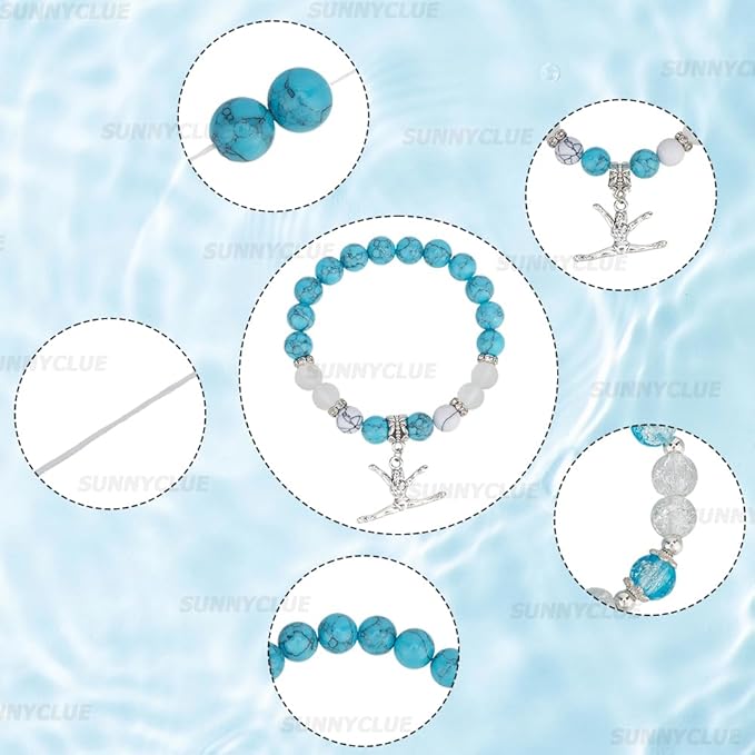 SUNNYCLUE 1 Box About 183Pcs 6 Sets Cheer Bracelet Making Kit Stone Bead Bracelet Kits 8mm Gemstone Crystal Silver Sports Cheerleading Charms Beads for Jewelry Making Set Women Starter Beginners