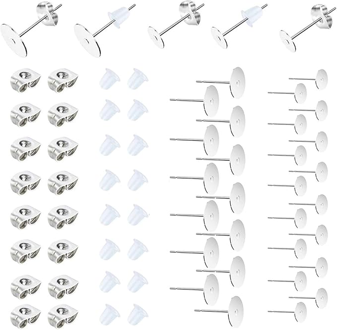 450pcs earring posts stainless steel flat pad,hypoallergenic stud earrings with butterfly and rubber bullet earring backs for jewelry diy making findings (silver) (silver)