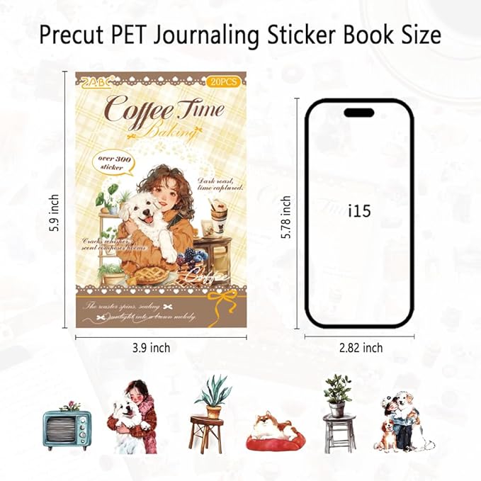 Journal Sticker Book for Journaling and Scrapbooking, Women Pet Coffee Time Theme, 20 Sheets 3.9x5.9 inches, Precut Clear PET Stickers for Junk Journal Supplies, Collage, Scrap Booking