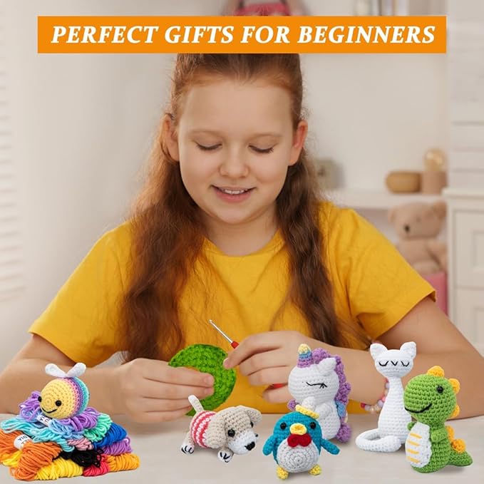 Crochet Kit for Beginners – 6 PCS Crochet Animal Kit, Knitting Beginners Kit with Step by Step Videos, Yarn, Crochet Hook, Great Birthday Holiday Gift (Knitting Kit 2)