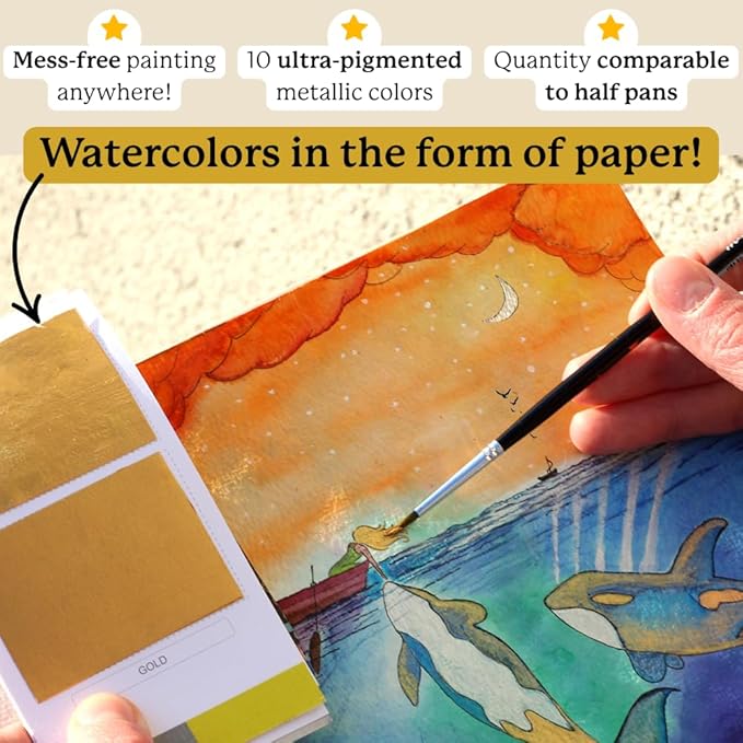 Viviva Watercolor Sheets, Metallic 10 Colors - Travel Watercolor Paint Set for Adults, Beginners, Artists, Hobbyists - Lightfast, Vibrant, Handmade & Portable Watercolor Kit with Mixing Palette