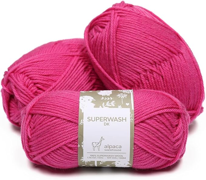 100% Pure Wool Yarn Superwash Set of 3 Skeins (150 Grams) DK Weight - Sourced Directly from Peru - Heavenly Soft and Perfect for Knitting and Crocheting (Hot Pink)