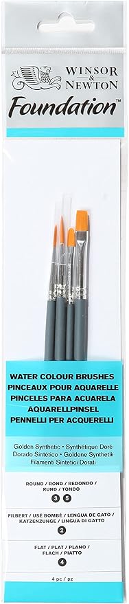 Winsor & Newton Foundation Watercolour Brush Set, Short Handle, Round Filbert & Flat, 4 Pack