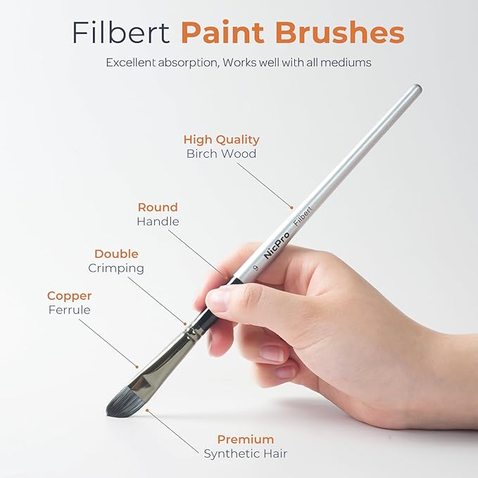 Nicpro 10 PCS Filbert Paint Brushes Art Painting Brush Set for Acrylic Watercolor Oil Gouache Canvas, Craft Detail Face Body Painting, Artist Kit for Kid & Adult