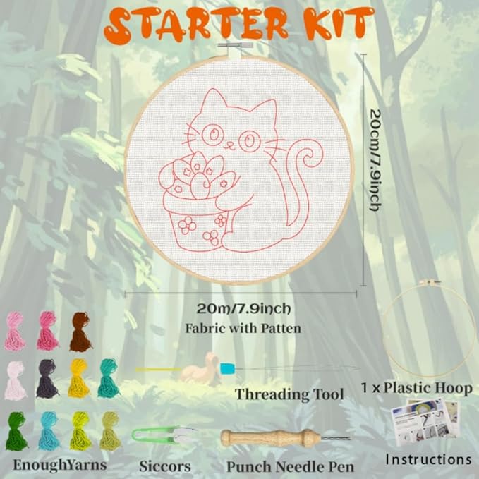 BEUNITONE 2PCS Cat Punch Needle Kit for Adults Beginners, Complete Craft Embroidery Needlepoint Kits with Hoop and Instructions, Punch Needle Starter Craft Set for Home Decor, Festival Gift 20x20cm