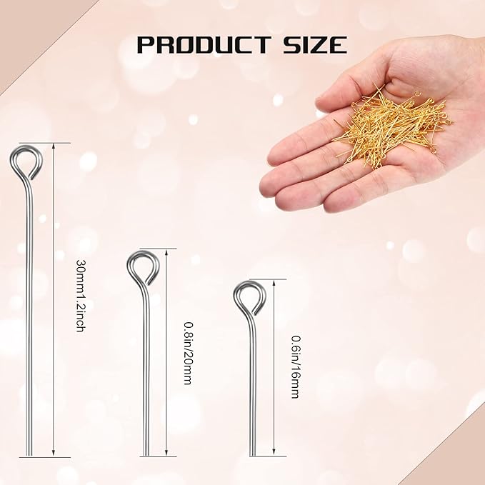 Junkin 1400 Pcs Eye Pins Mix Jewelry Findings 0.63 * 0.79 * 1.18 in Open Eye Head Pins Findings for Jewelry Making DIY Necklace Bracelets(Gold, Silver)