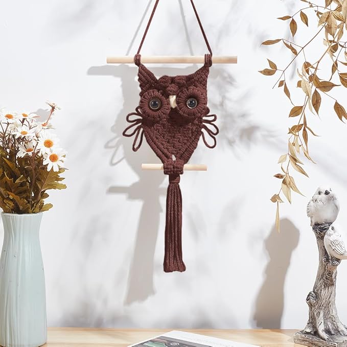 ORIGACH DIY Macrame Owl Wall Hanging Tapestry Kit Brown Cotton Handmade Macrame Owl Kit Boho Macrame Wall Hanging Decor Woven Ornament Gift for Bedroom Living Room