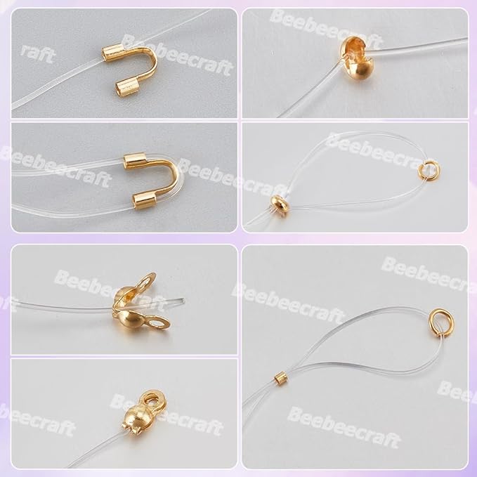 Beebeecraft 1 Box 370Pcs Crimp Beads Kit 18K Gold Plated Wire Guardian Crimp Tubes Spacer Beads Bead Tips Knot Covers Lobster Clasps Jump Rings for Jewelry Making Earring Necklace DIY Crafts