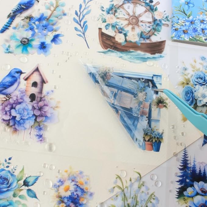 30 Sheets Precut Blue Flower Garden Landscape Stickers Book for Junk Journal Supplies, Transparent PET Stickers for Journaling, Scrapbooking, Bujo, Collage, Card Making