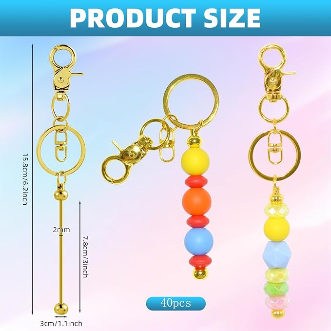40 Pcs Beadable Keychains Bulk Kit – DIY Keychain Making Supplies with Metal Blanks for Crafts, Jewelry, Charms, Custom Projects – Blank Chain Bars for Beaded Keychain Design (Golden)