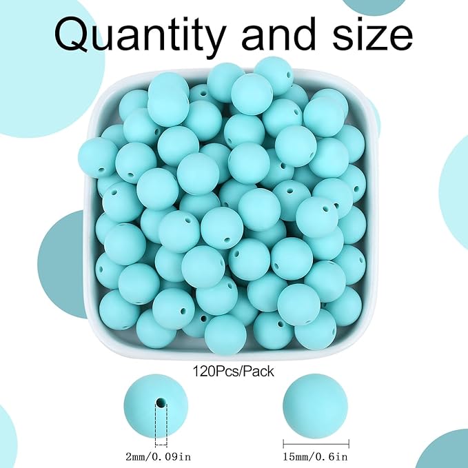 MAIBAOTA 120 Pcs Caribbean Blue Silicone Beads 15 mm Caribbean Blue Beads for Keychain/Pens/Bracelet/Necklace Making Round Silicone Beads Bulk for Craft Making（with Boxed Kits）