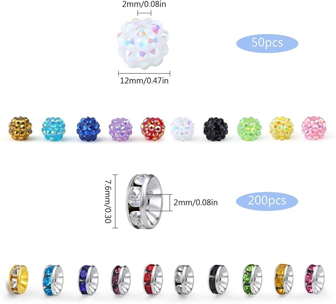 LAIDANLA Mixed 10 Colors 250pcs 12mm Rhinestone Beads and 8mm Rondelle Spacer Beads for Beaded Pens, Shiny Shamballa Disco Ball Bead for Pens DIY Jewelry Making Bracelet Necklace Earring