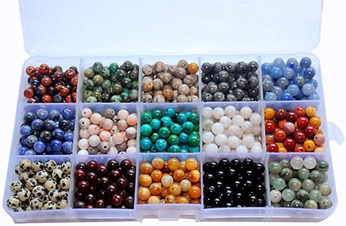 Yephac 750pcs 6mm Natural & Synthetic Round Stone Beads - 1mm Hole Size, DIY Smooth Beading for Bracelet, Necklace, Earrings - Jewelry Making, Box Packed (15material-6mm)